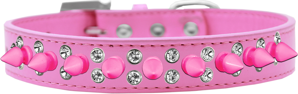 Double Crystal and Bright Pink Spikes Dog Collar Bright Pink Size 12